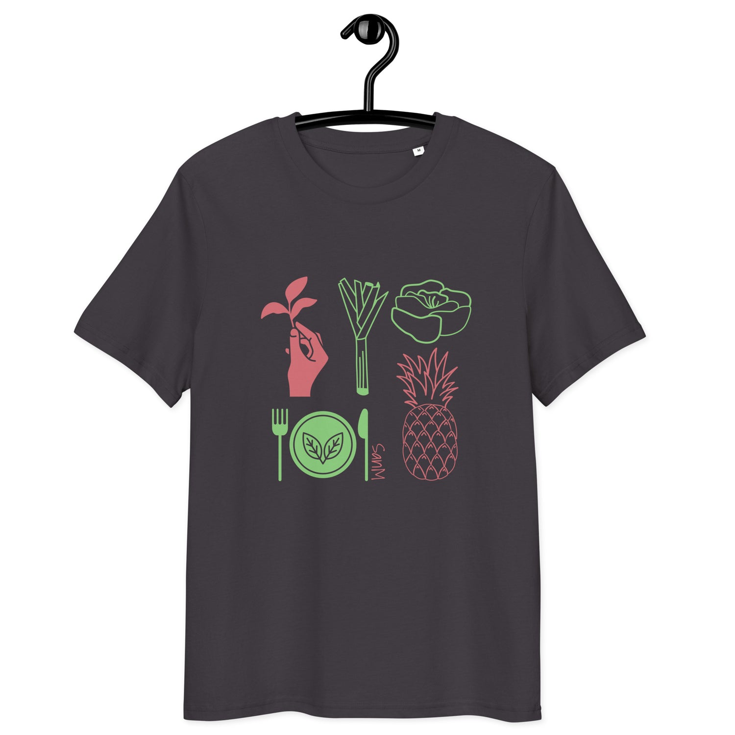 Schwarzes T-Shirt vegan produziert mit rot und grünem veganen Print